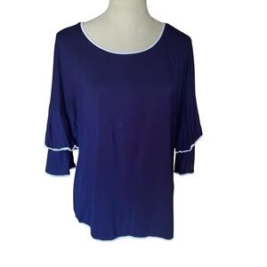 Cable and Gauge Navy Peasant White Trim Ruffle Sleeves Top Women Size M